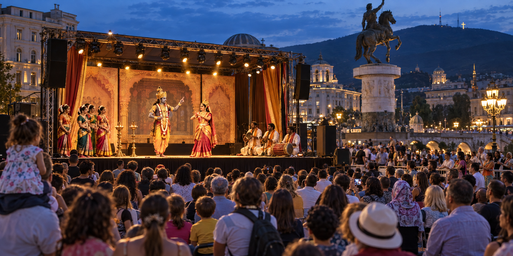 An evening audience watches Indian drama, dance and devotional music on an outdoor stage in a central Skopje square.