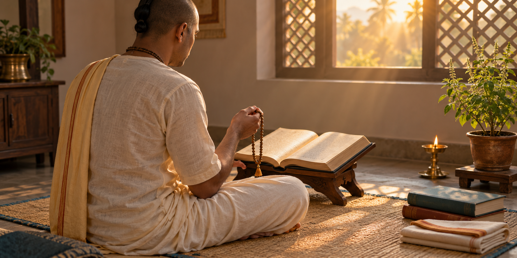 A practitioner studies an open sacred volume beside tulasi beads, an oil lamp, and a potted tulasi plant in the light of dawn.