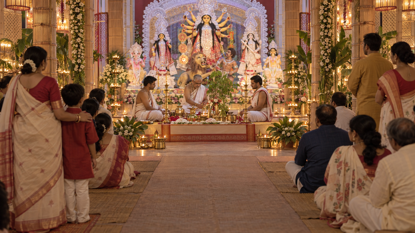 Devotees quietly observe a priest and assistants performing Bodhan from outside the altar area, leaving the ritual space and central aisle clear.
