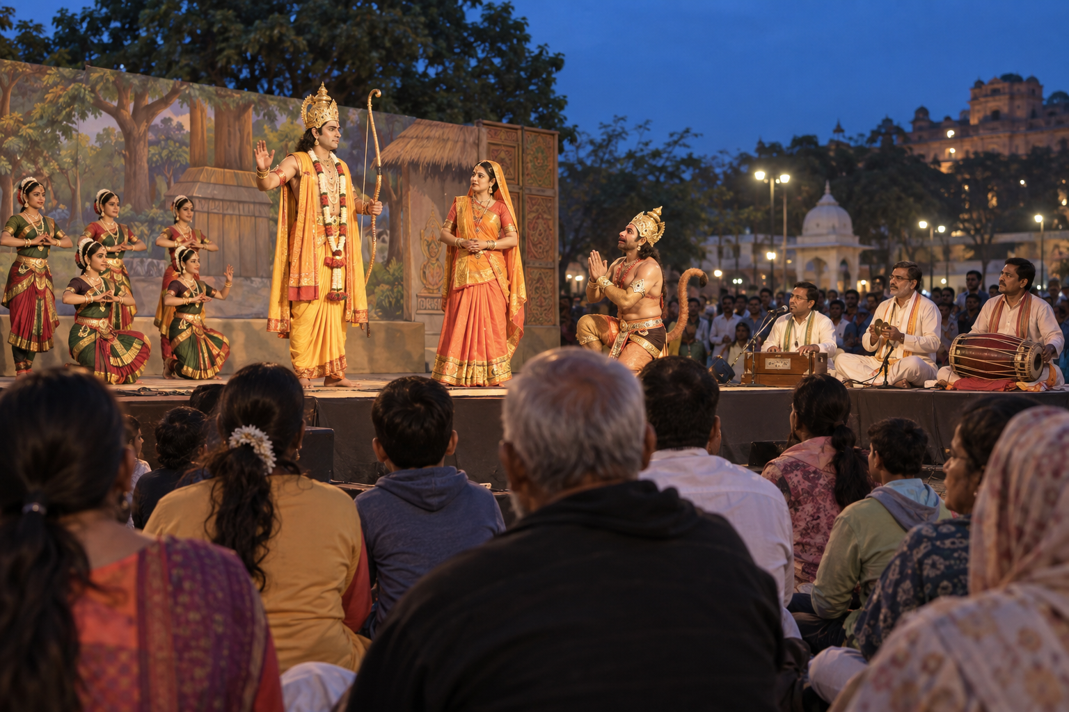 Costumed actors, dancers and devotional musicians perform before an outdoor audience in a city square.