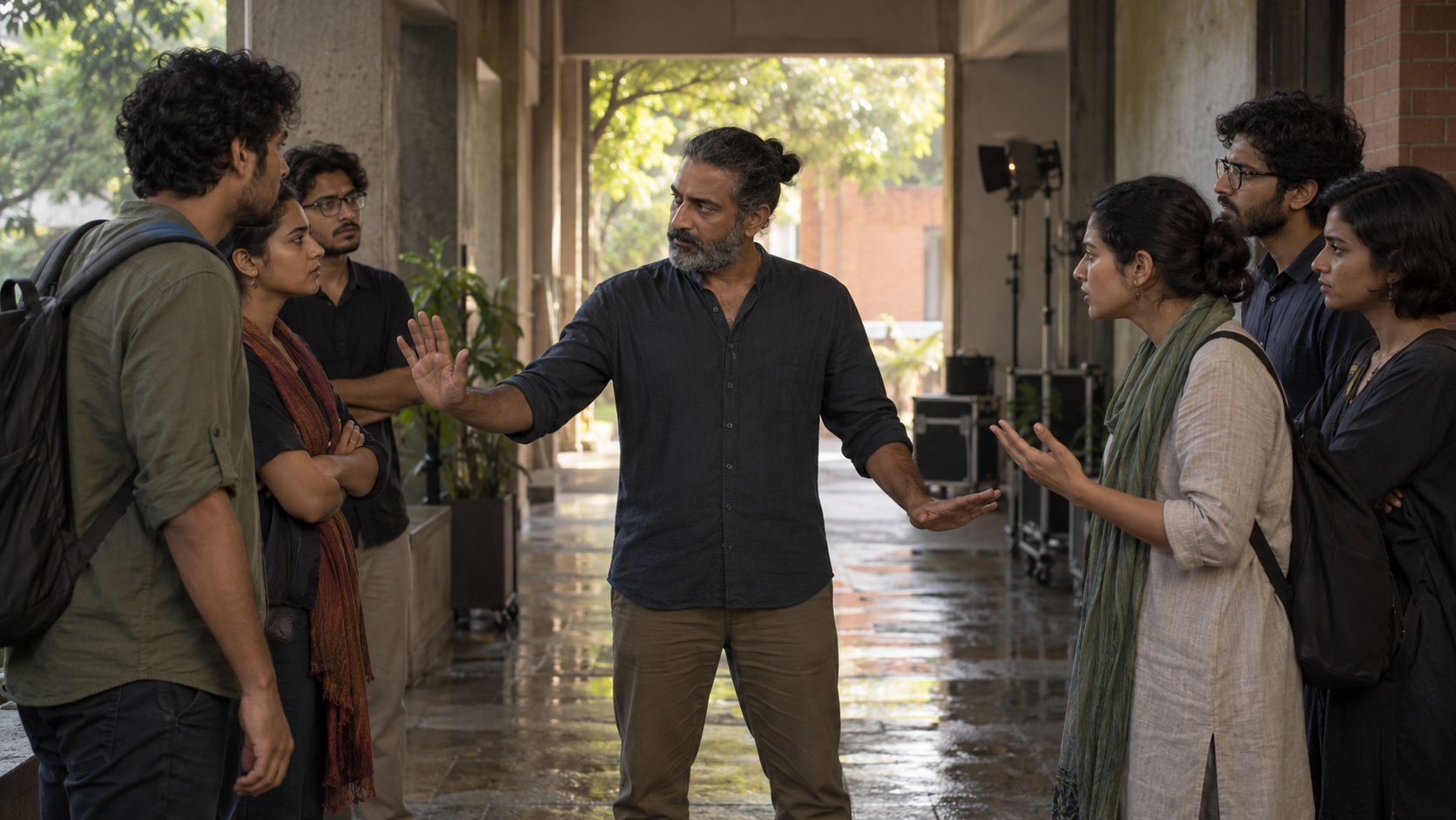 A calm mediator uses open-handed gestures to keep two tense groups apart in an institute corridor.