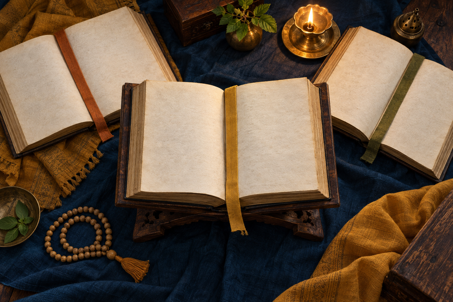 Several open devotional volumes, tulasi beads, cloth markers, and a brass lamp are arranged around a central book on a wooden stand.
