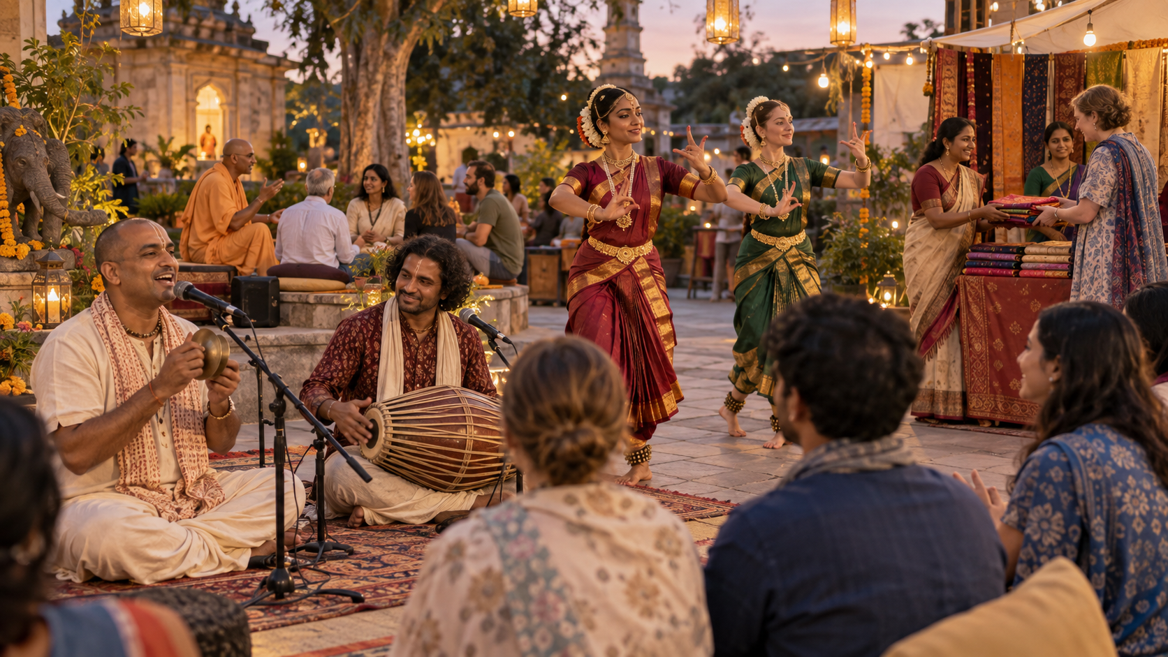Musicians, dancers, a speaker and volunteers sharing folded saris offer visitors several ways to engage with the programme.