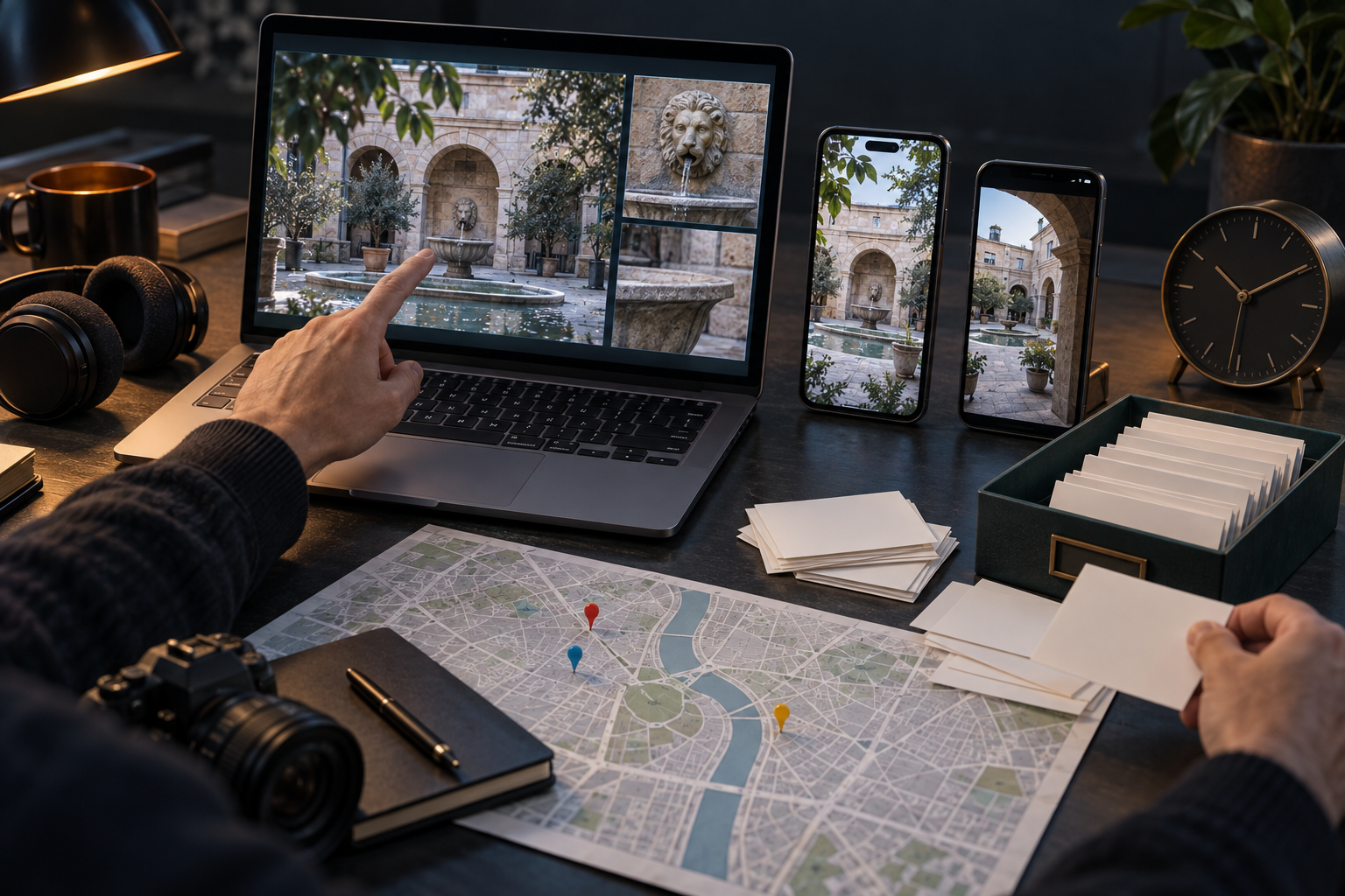 A researcher cross-checks matching details across several recordings, a laptop, a clock, and an unlabeled map.