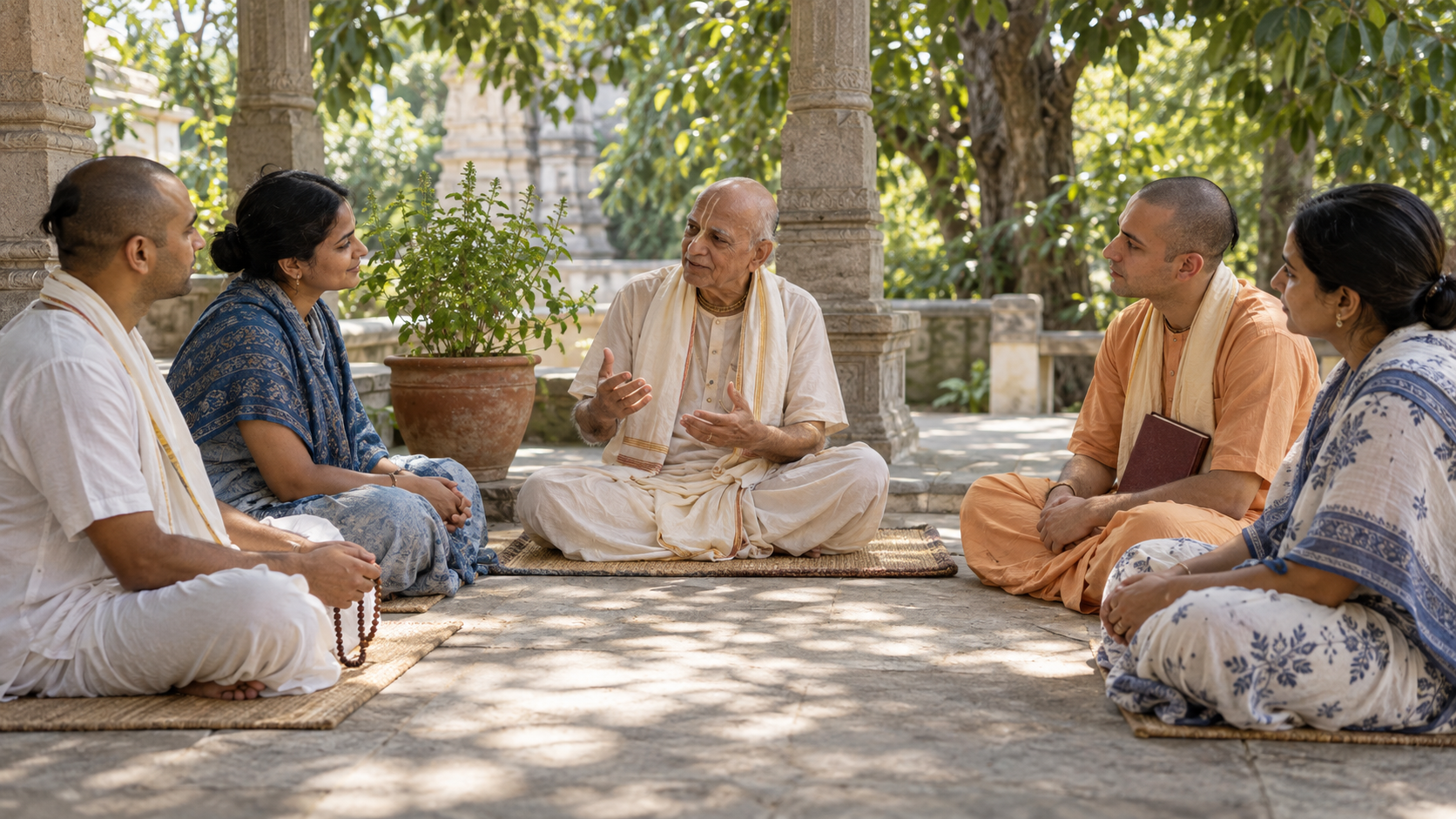 An elder teacher speaks to four attentive adults seated in a semicircle in a shaded courtyard with a tulasi plant nearby.