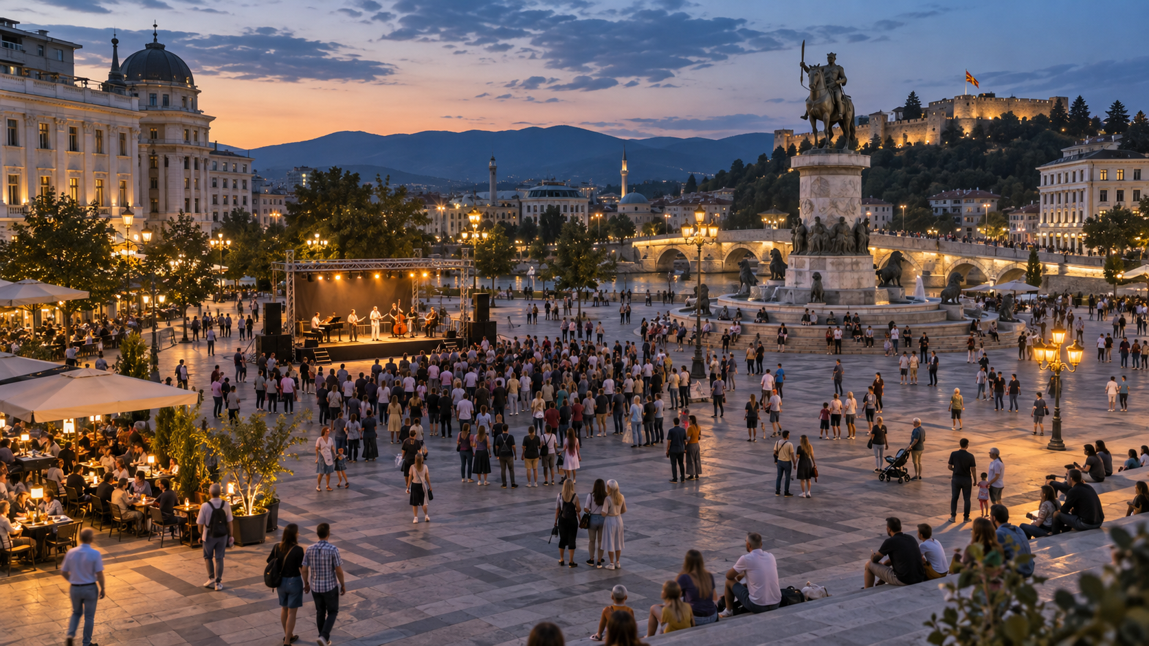 A warmly lit cultural gathering shares an open central square with pedestrians, families and surrounding city life at dusk.