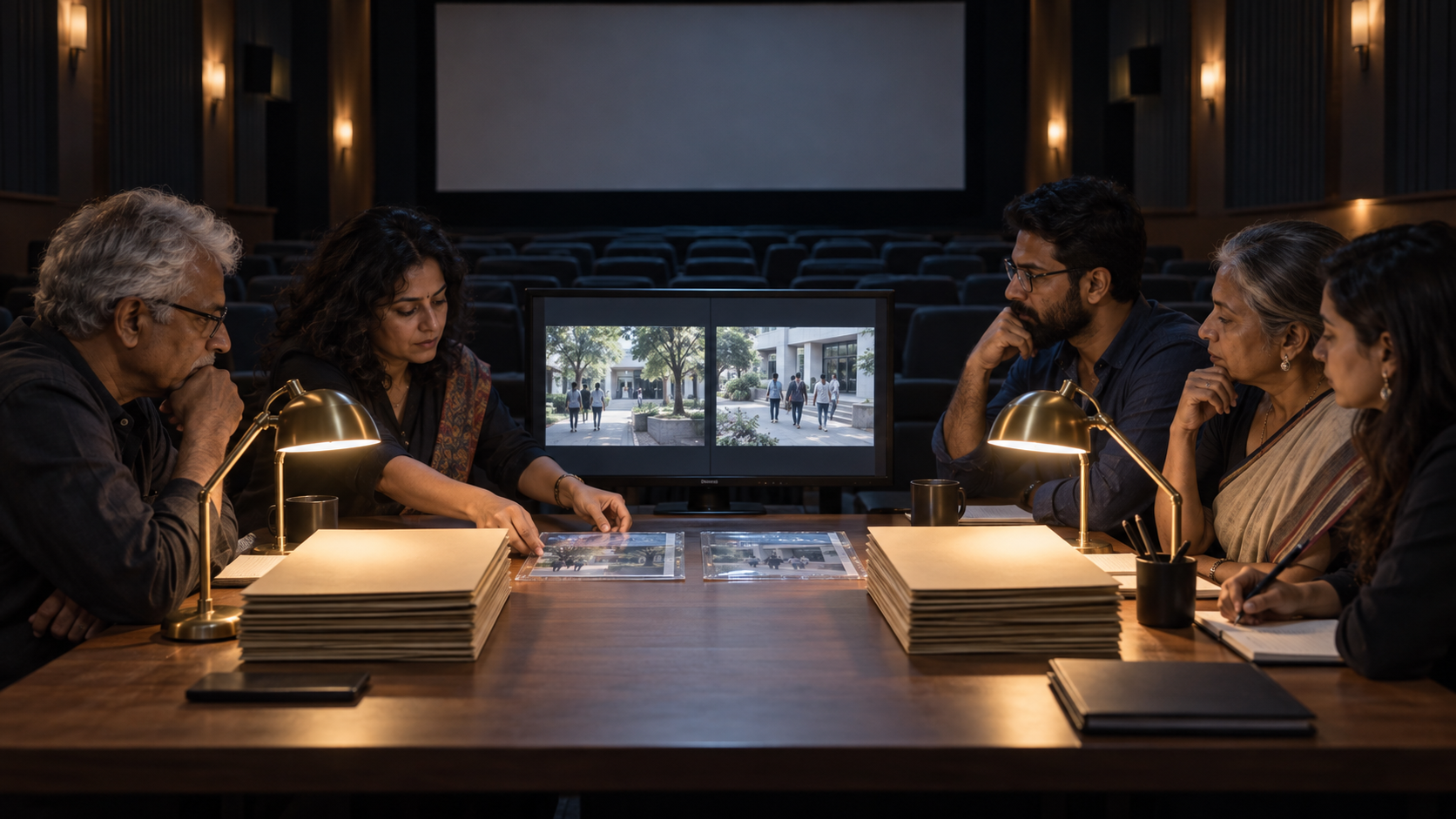 A review panel compares two anonymous sets of evidence under equal lighting in a film institute screening room.