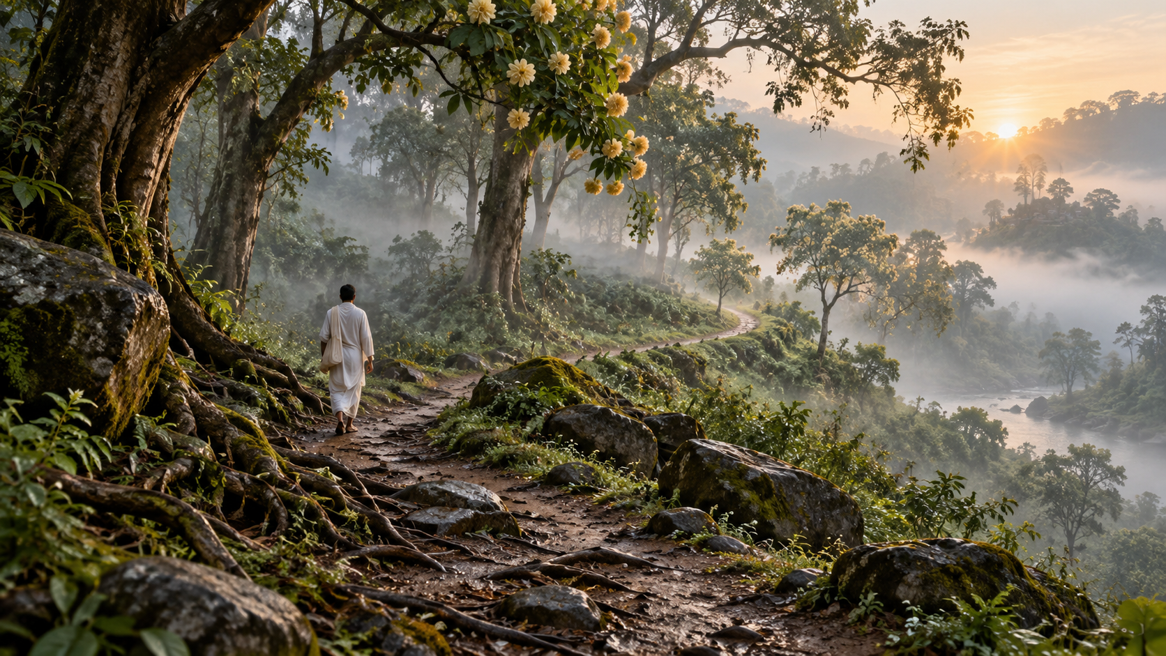A solitary pilgrim follows a curving forest path through bands of morning mist toward softly lit trees.