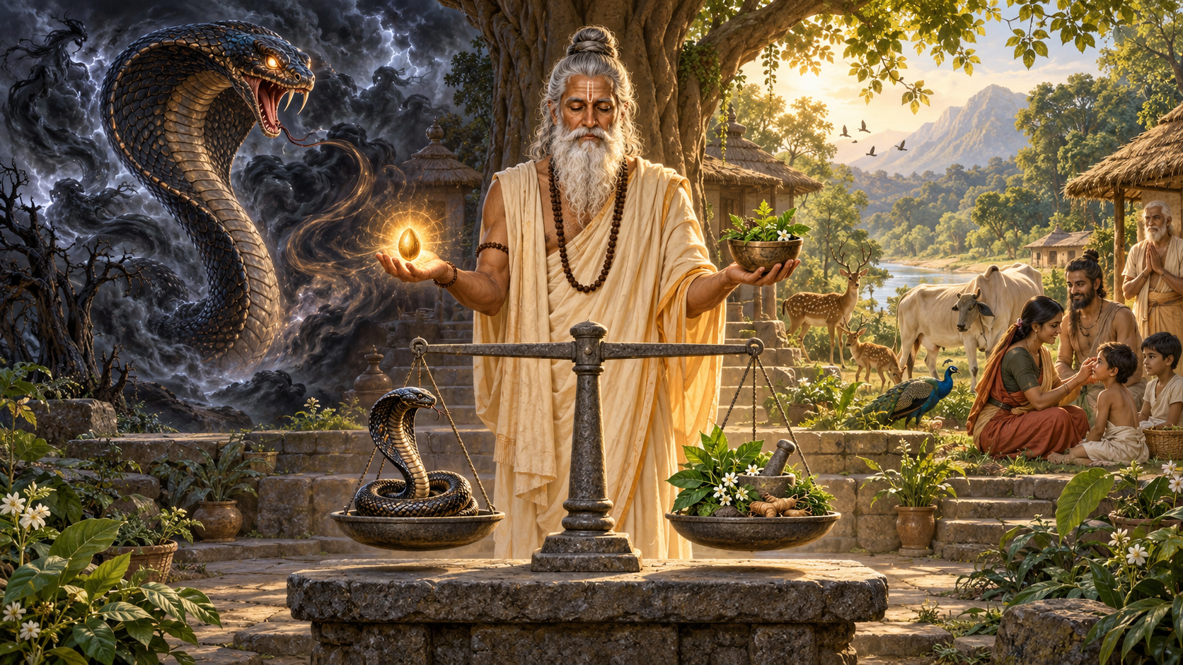 A sage balances a radiant source of power with healing medicine as a serpent and a protected community appear on opposite sides.