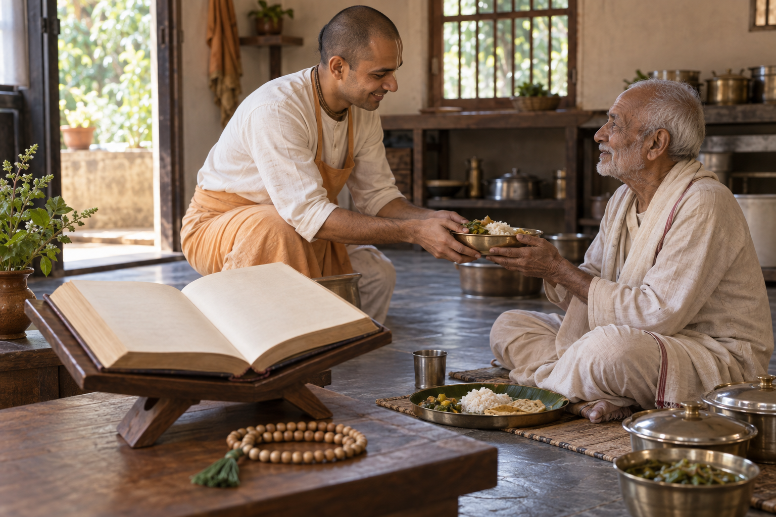 A practitioner serves a meal to an elderly guest while an open devotional volume and tulasi beads rest nearby.