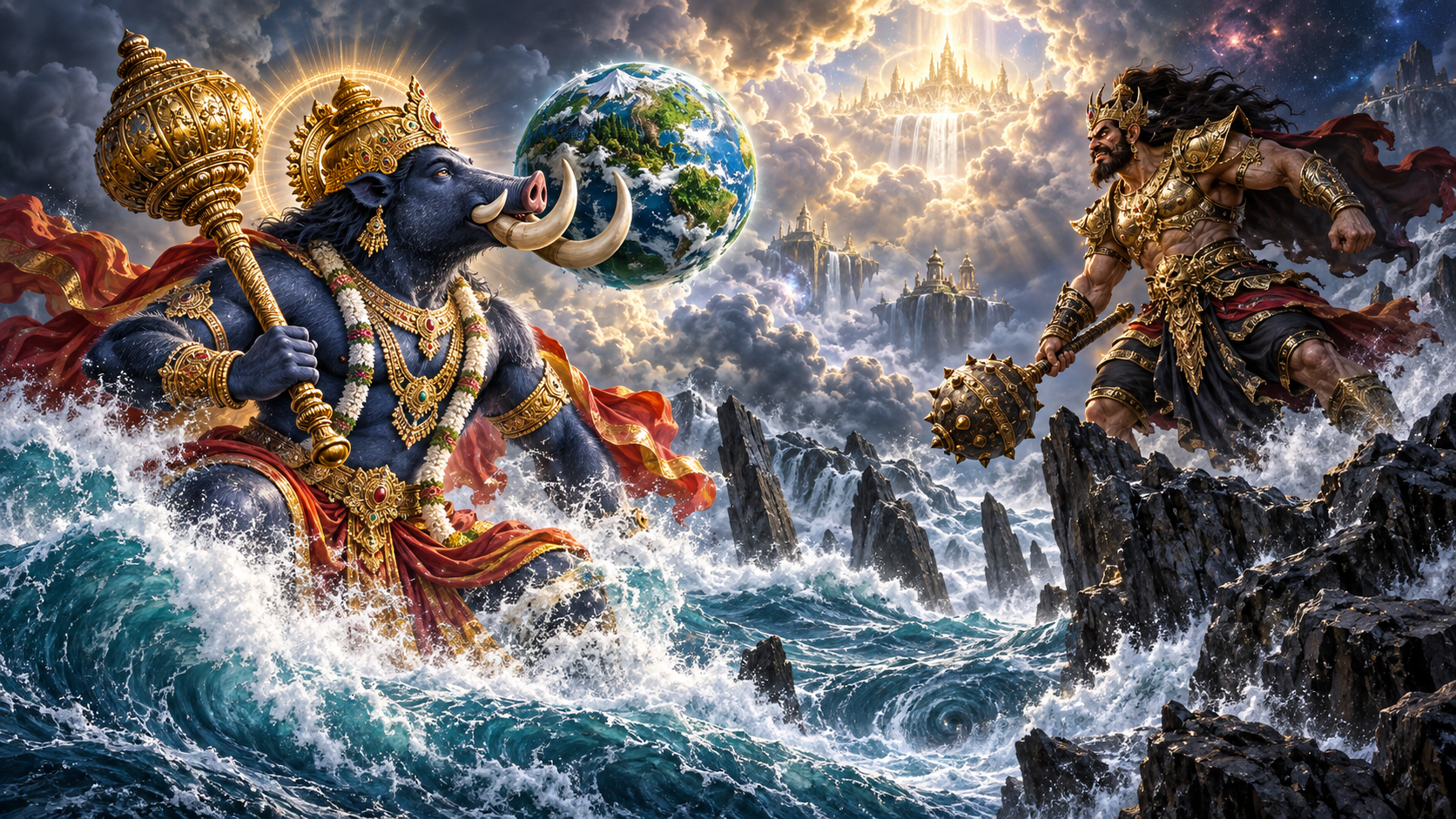 Varaha holds the rescued Earth above the cosmic ocean while calmly facing the mace-wielding asura Hiranyaksha.