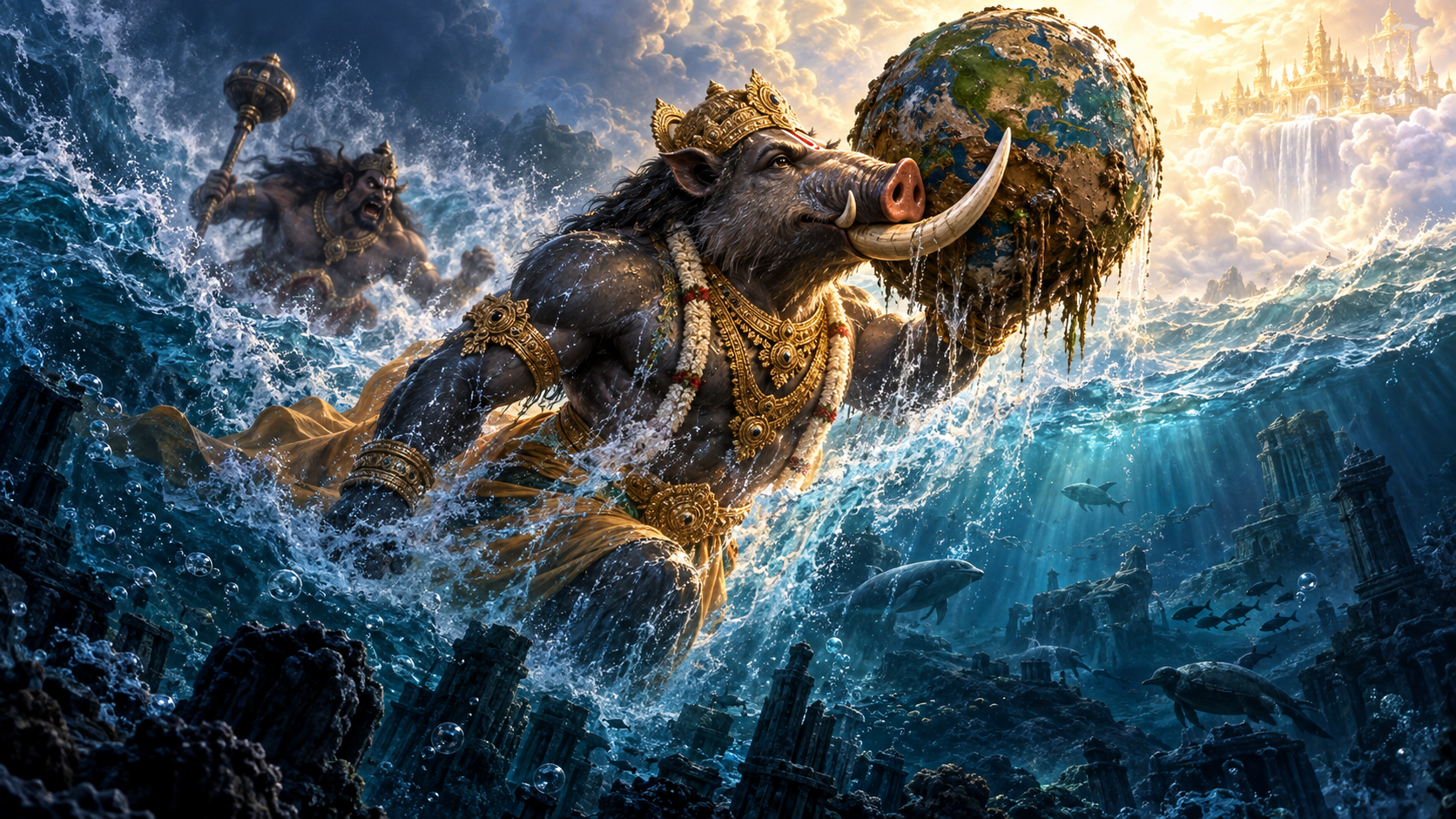 Varaha carries the mud-covered Earth out of the primordial ocean while Hiranyaksha approaches from behind with a raised mace.