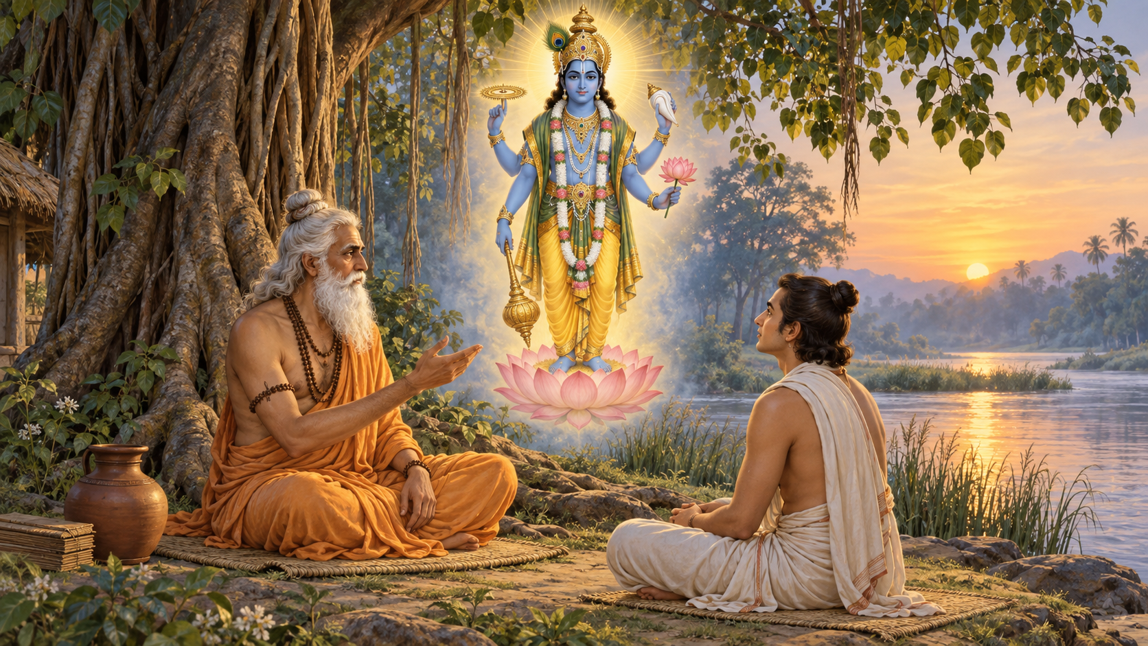 A sage teaches a seated seeker beneath a banyan tree while a radiant four-armed form of Vishnu appears as the focus of meditation.