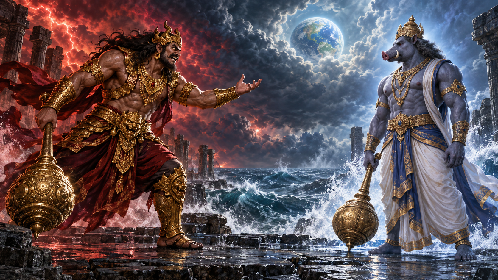Hiranyaksha gestures arrogantly at Varaha, who stands composed with his mace lowered as the rescued Earth glows in the distance.
