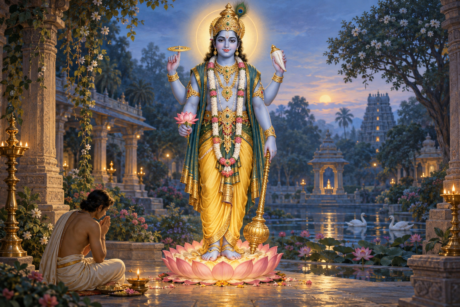 A seated devotee contemplates the brightly illuminated lotus feet of a four-armed Vishnu figure whose form rises above in progressively softer light.