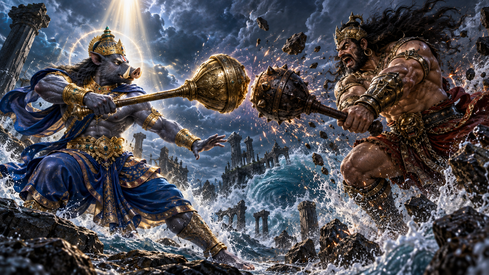 Varaha calmly counters Hiranyaksha's forceful mace swing on a rocky battlefield surrounded by the churning cosmic ocean.
