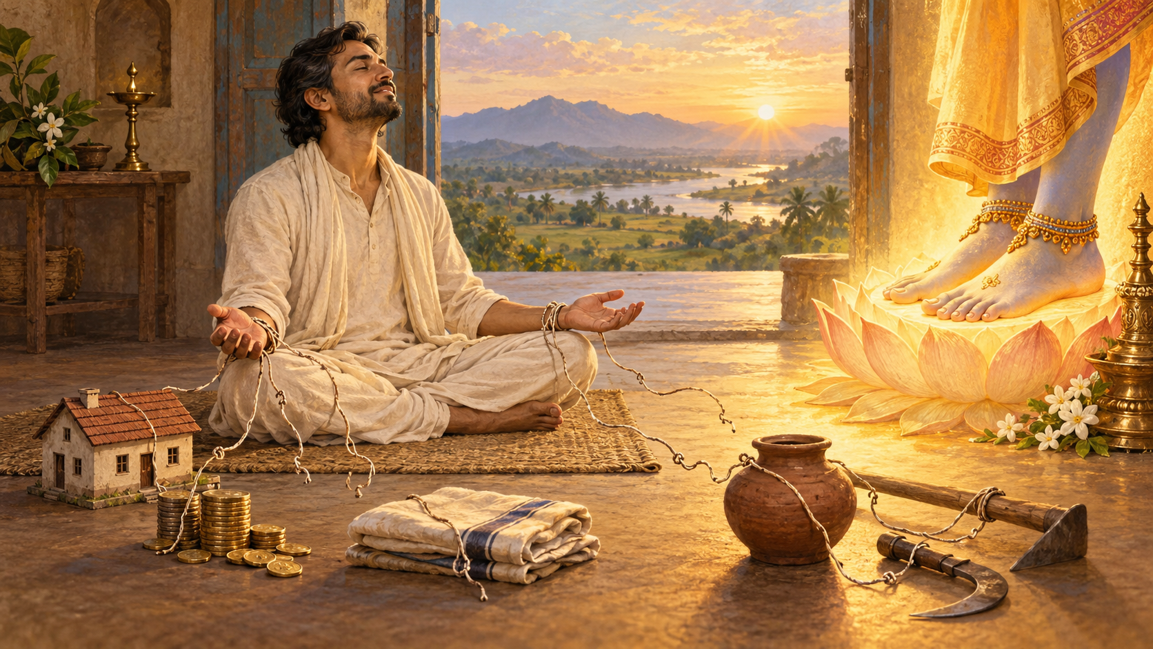 A meditator opens both hands as knotted threads linking them to household objects loosen beside the radiant lotus feet of the Lord.