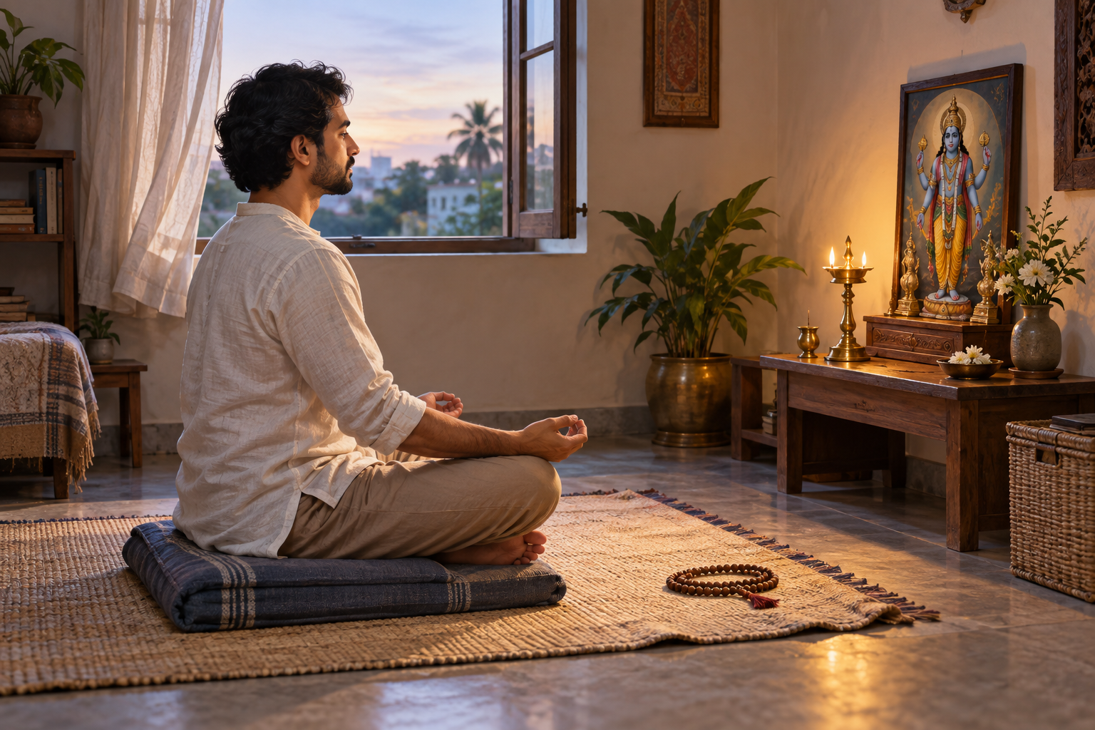 A devotee adjusts a meditation cushion and settles into an upright posture before a small Vishnu image lit by an oil lamp.