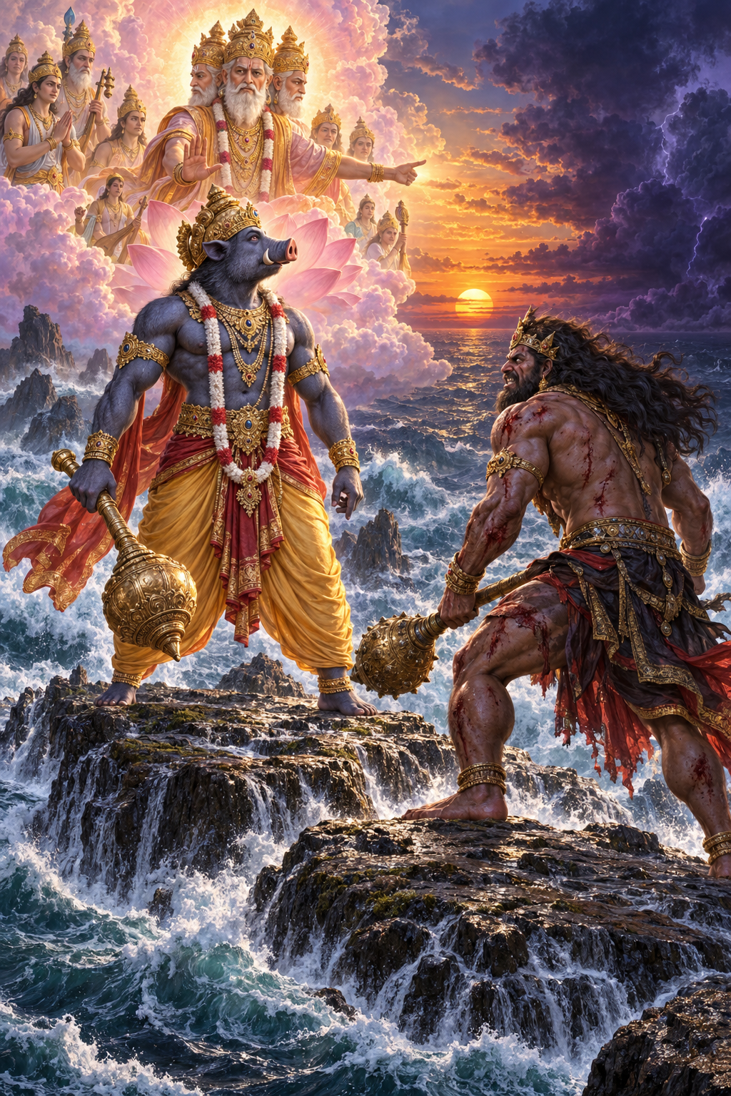 Brahma and celestial witnesses appear at twilight to warn Varaha as Hiranyaksha prepares to continue the battle below.