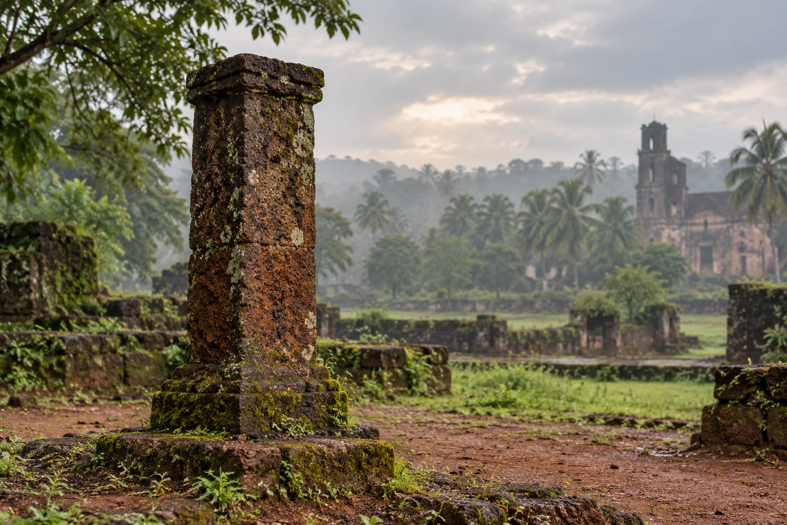 A weathered laterite stone pillar stands amid tropical greenery and historic masonry in Old Goa.