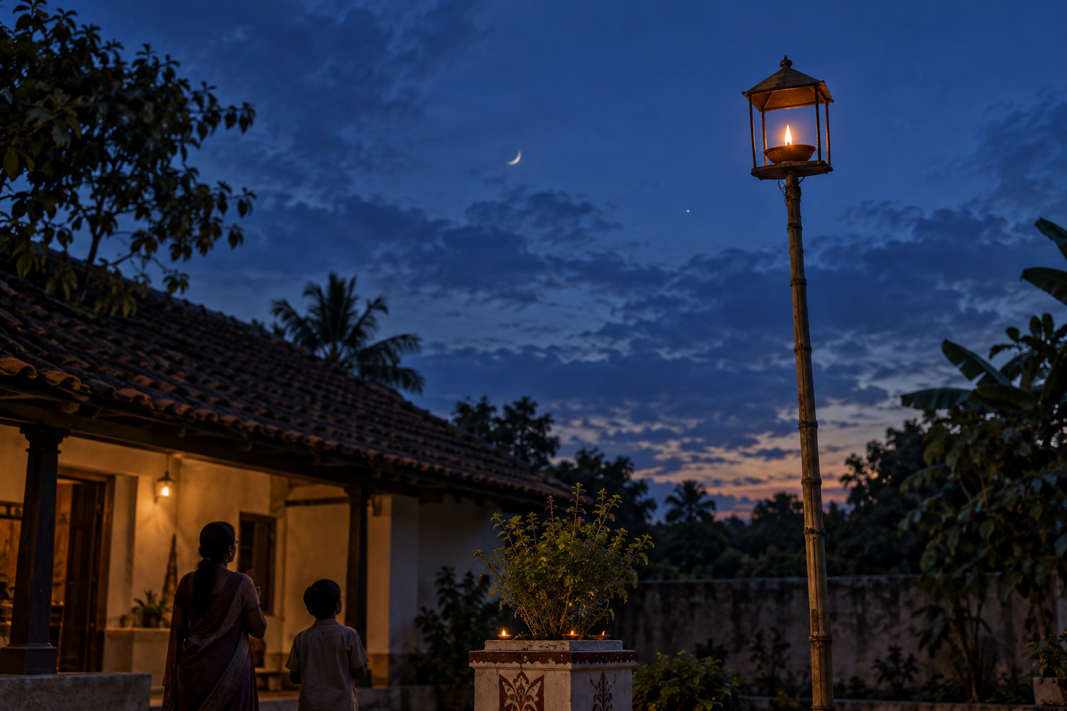 A glowing earthen lamp in a protective lantern is raised on a bamboo pole above a quiet household courtyard at dusk.
