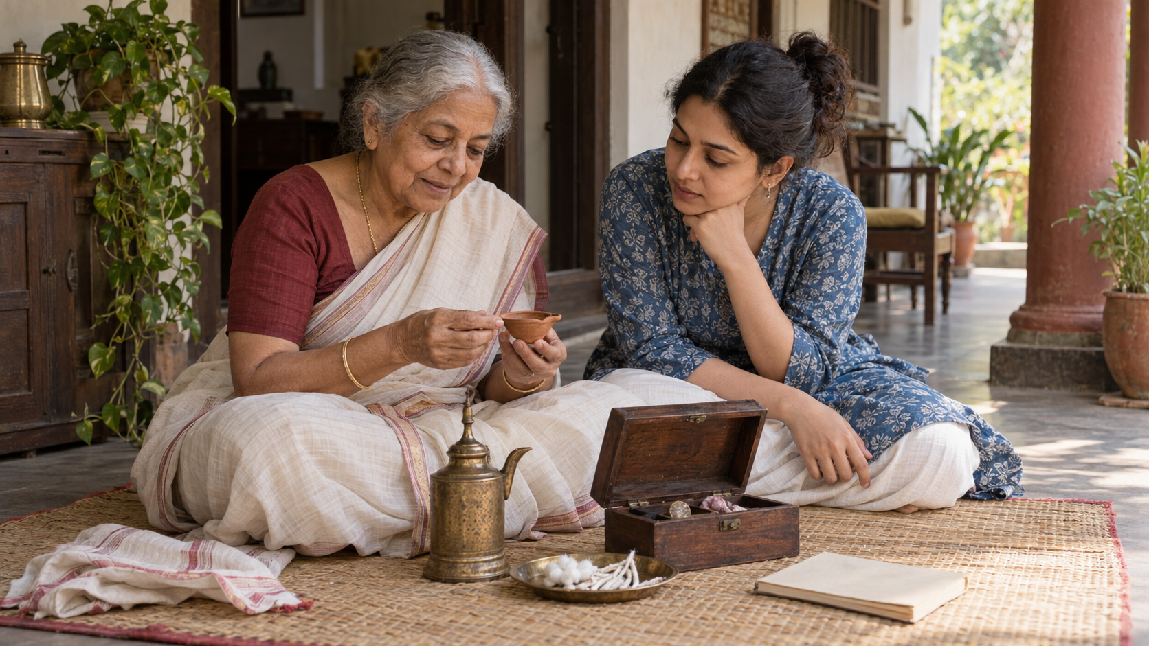 An older woman and a younger adult examine an earthen lamp, cotton wicks, and family ritual objects on a veranda.