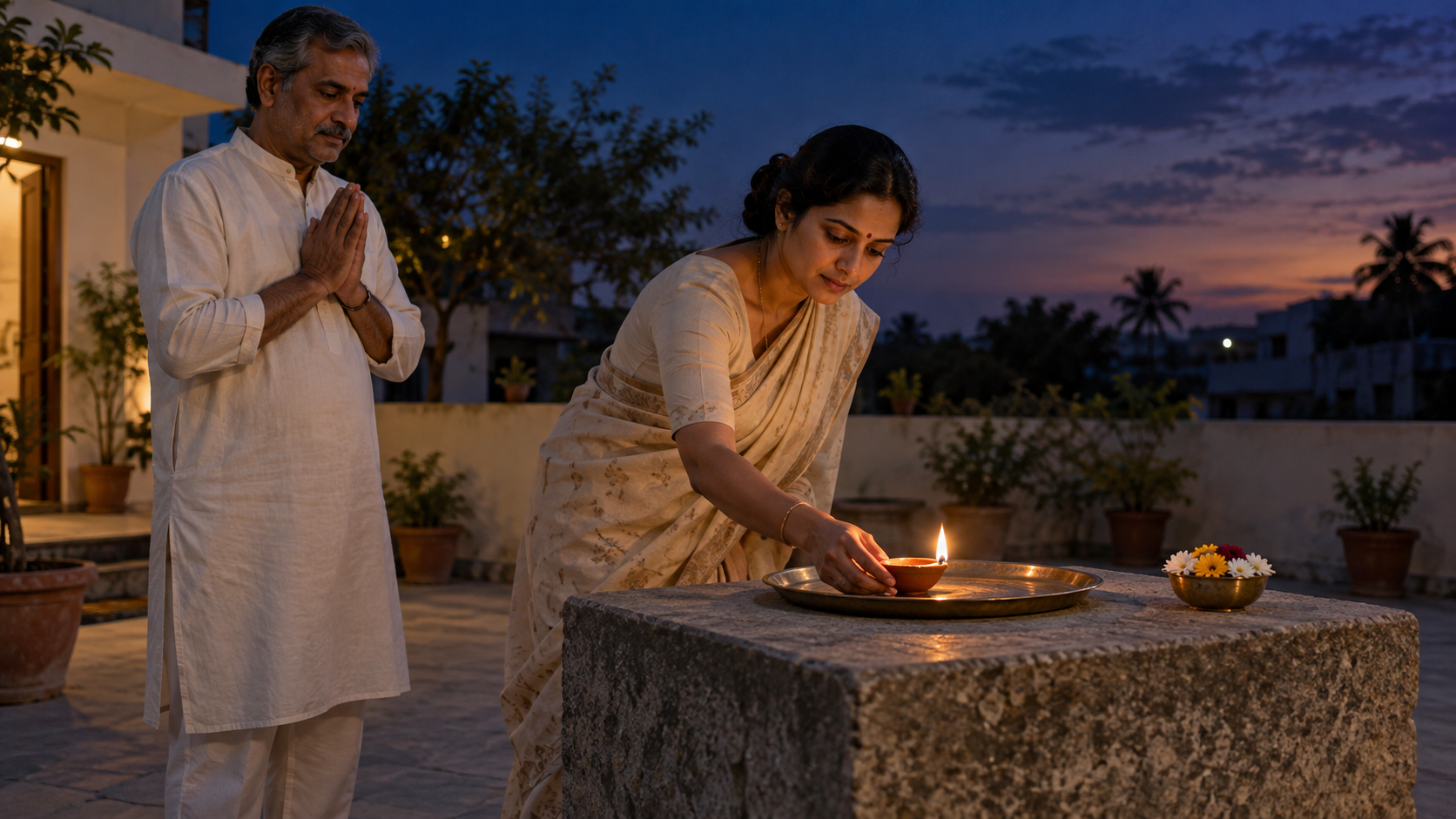 A person places one lit earthen lamp on a clear stone platform while a family member stands nearby at twilight.