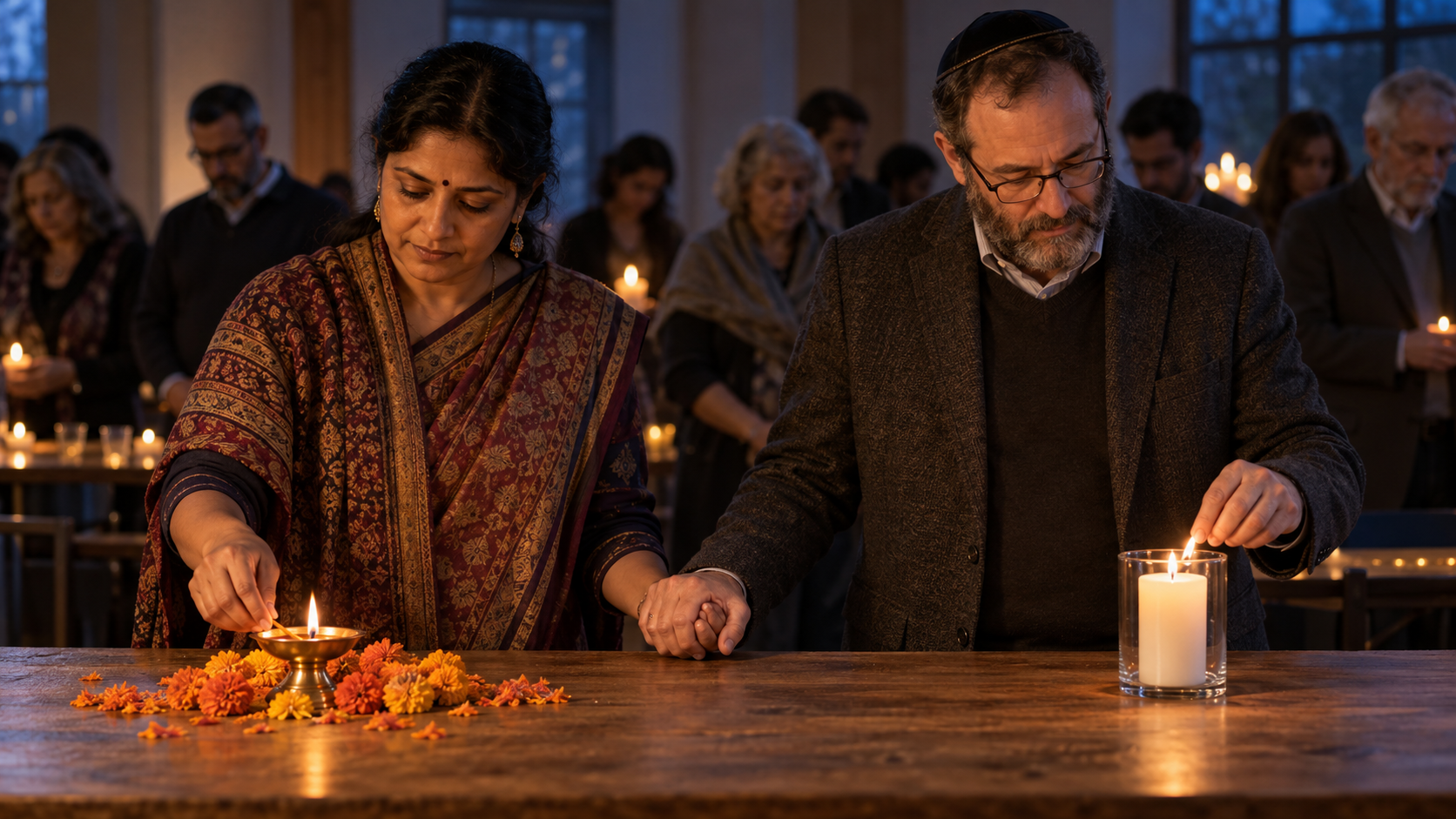 A Hindu woman and a Jewish man stand together at a community vigil beside a brass diya, marigold petals, and a memorial candle.