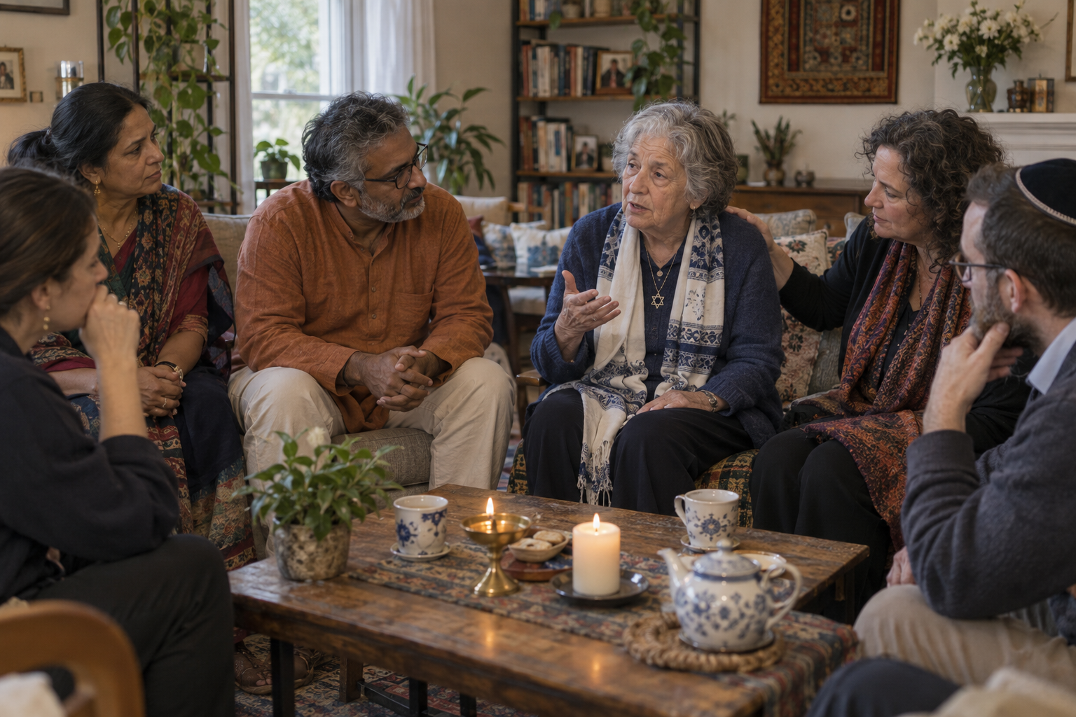 Hindu and Jewish neighbours listen to an older woman during a serious conversation in a living room.