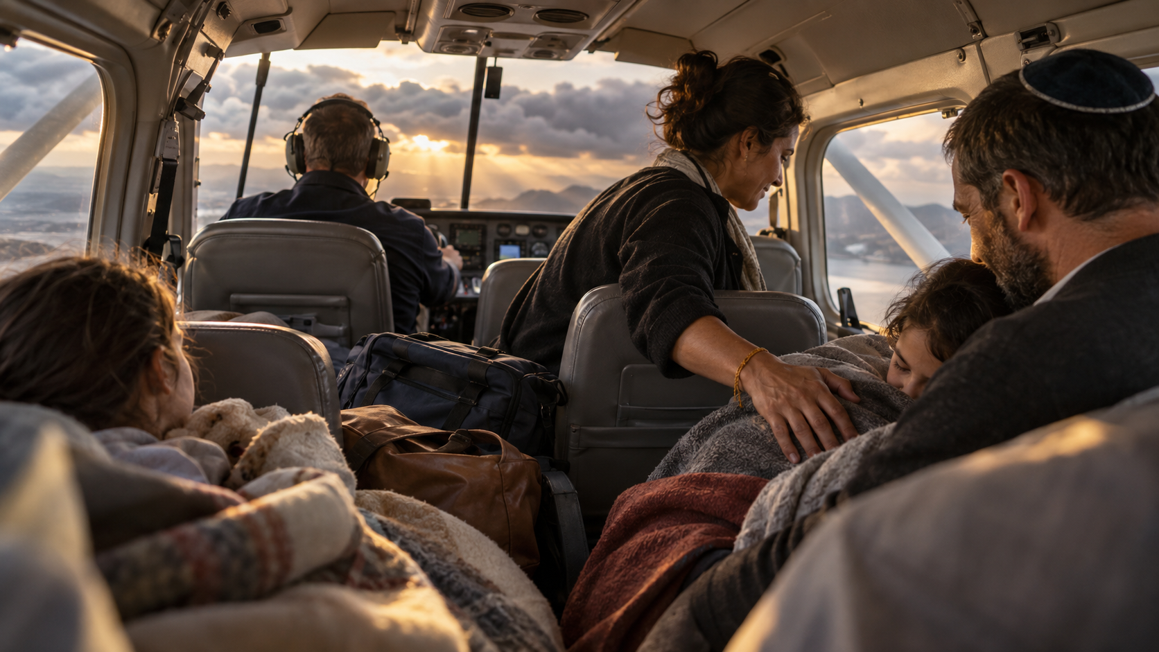 A volunteer pilots a small civilian aircraft while another volunteer checks on a family wrapped in blankets behind the cockpit.