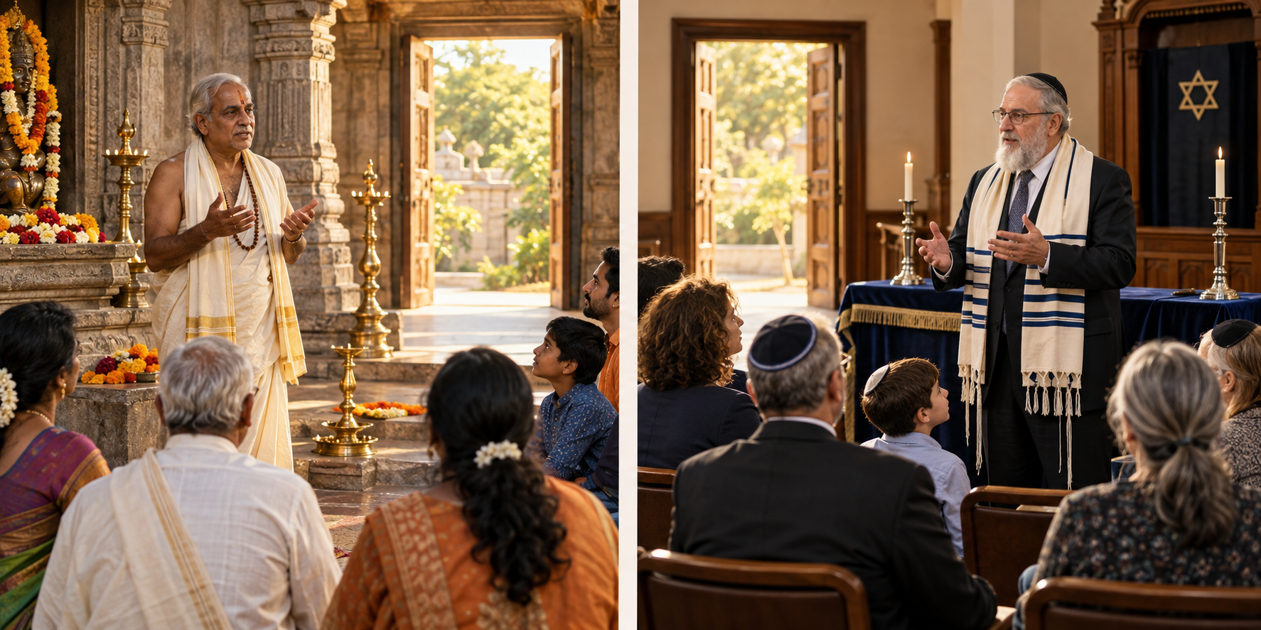 A Hindu elder speaks in a temple courtyard while a Jewish elder addresses a separate gathering in a synagogue social hall.