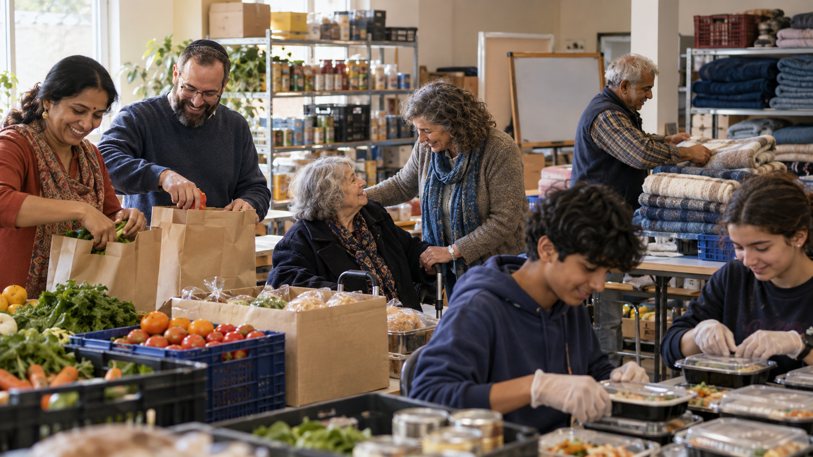 Hindu and Jewish volunteers pack groceries, meals, and blankets for neighbours at a community center.