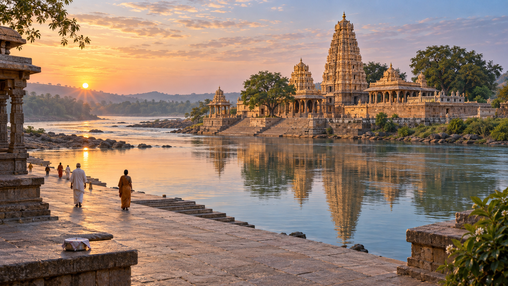 A temple complex at a river confluence at dawn, with pilgrims in the courtyard and a covered food container near the edge of a public area.
