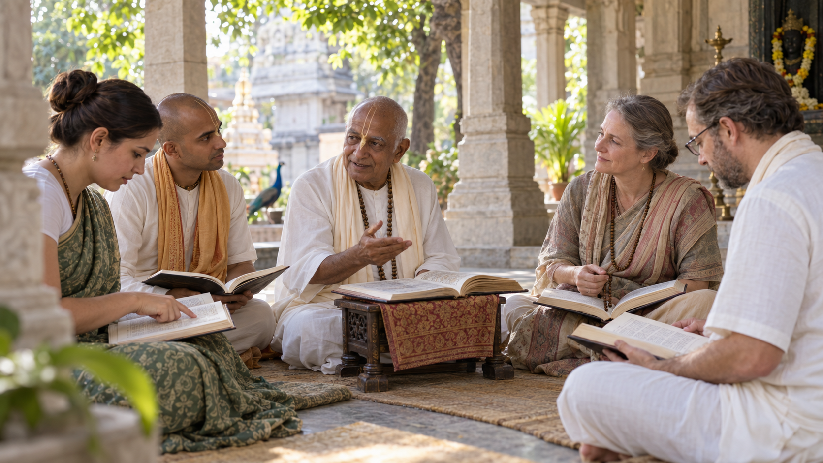 An elder guides four adults in a temple courtyard study circle as each participant follows along in an open sacred book.