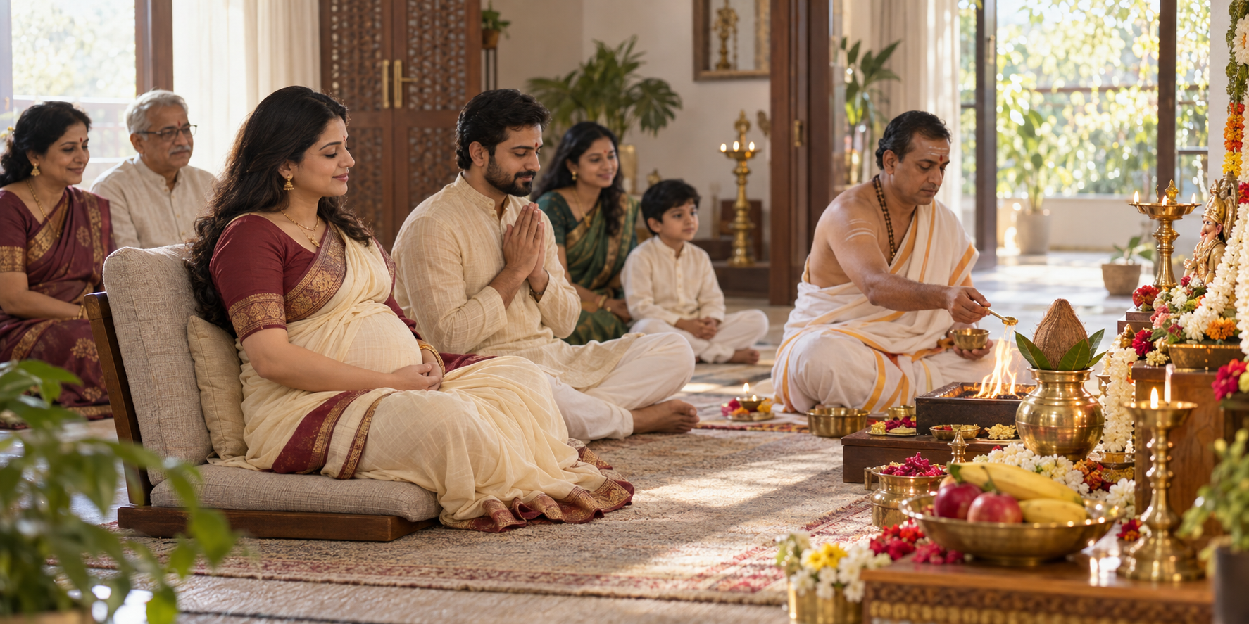 A pregnant Hindu woman sits comfortably with her spouse and family during a small home puja led by a priest.