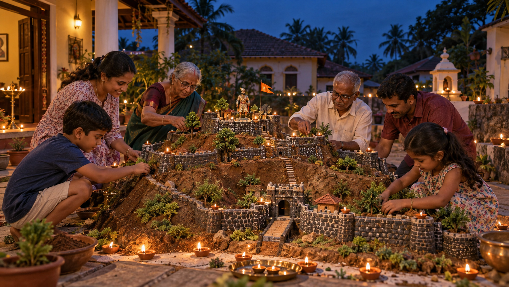 Children and adults in a Goan courtyard build a handmade hill fort model illuminated by clay lamps for Diwali.