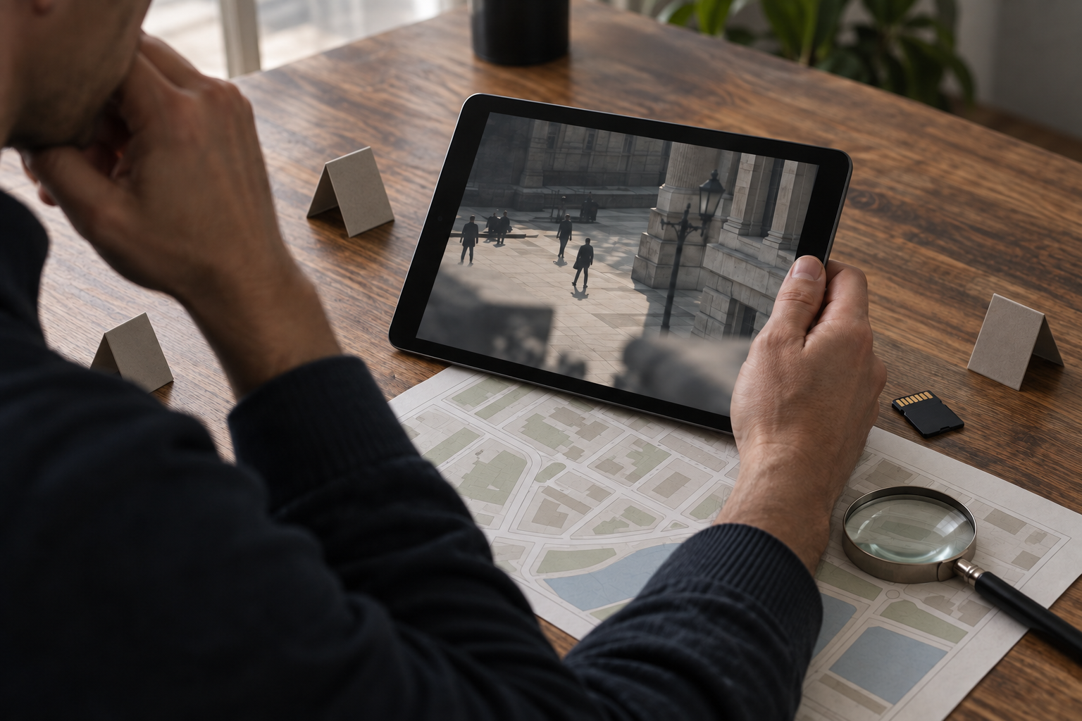 Hands review an indistinct public-space video on a tablet beside a site map, magnifying glass, memory card and evidence markers.