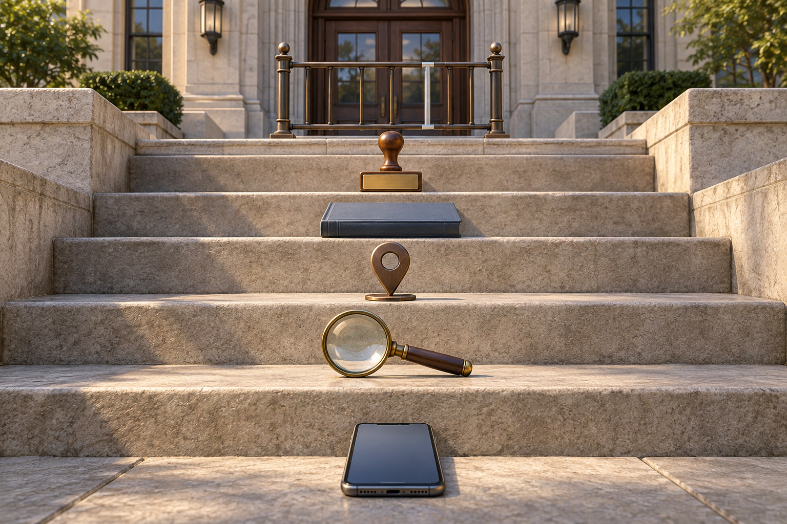 Five stone steps display a magnifying glass, location marker, plain rulebook, official stamp and repaired railing leading to an administrative doorway.