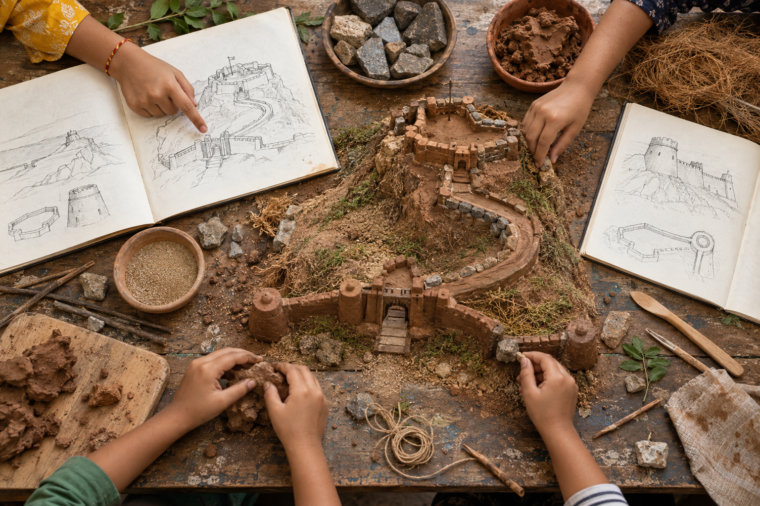 Children plan a clay hill fort model using sketches, stones, twigs, string and simple craft tools.