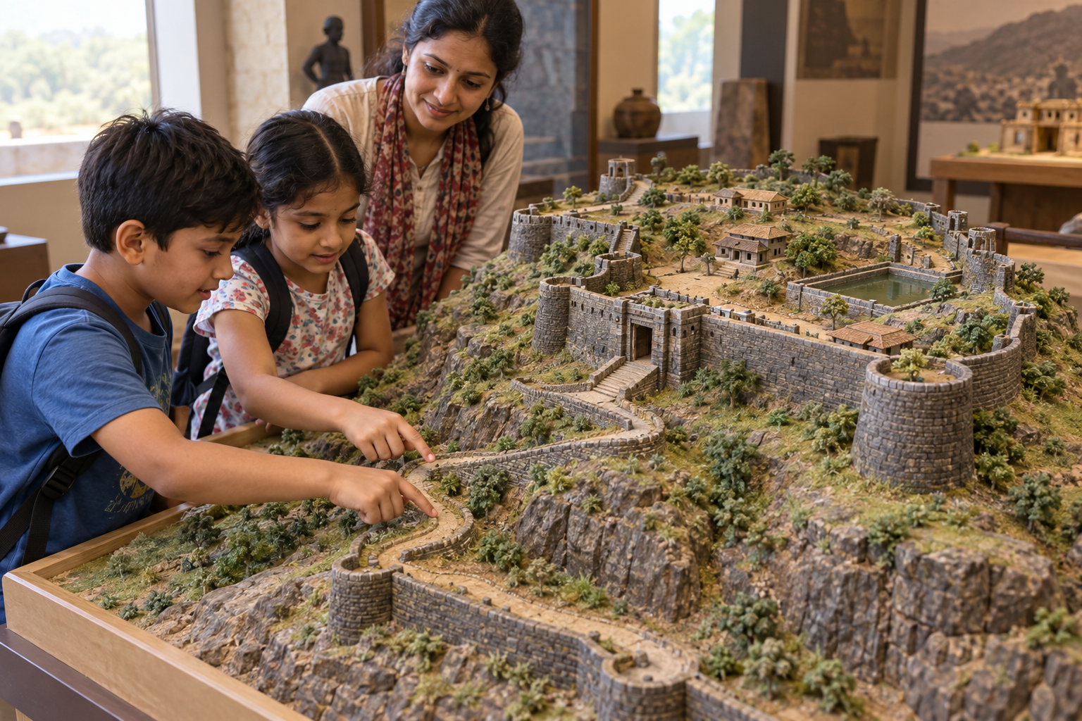 Two children examine a detailed handmade hill fort with ramparts, bastions, a winding entrance and a water reservoir.