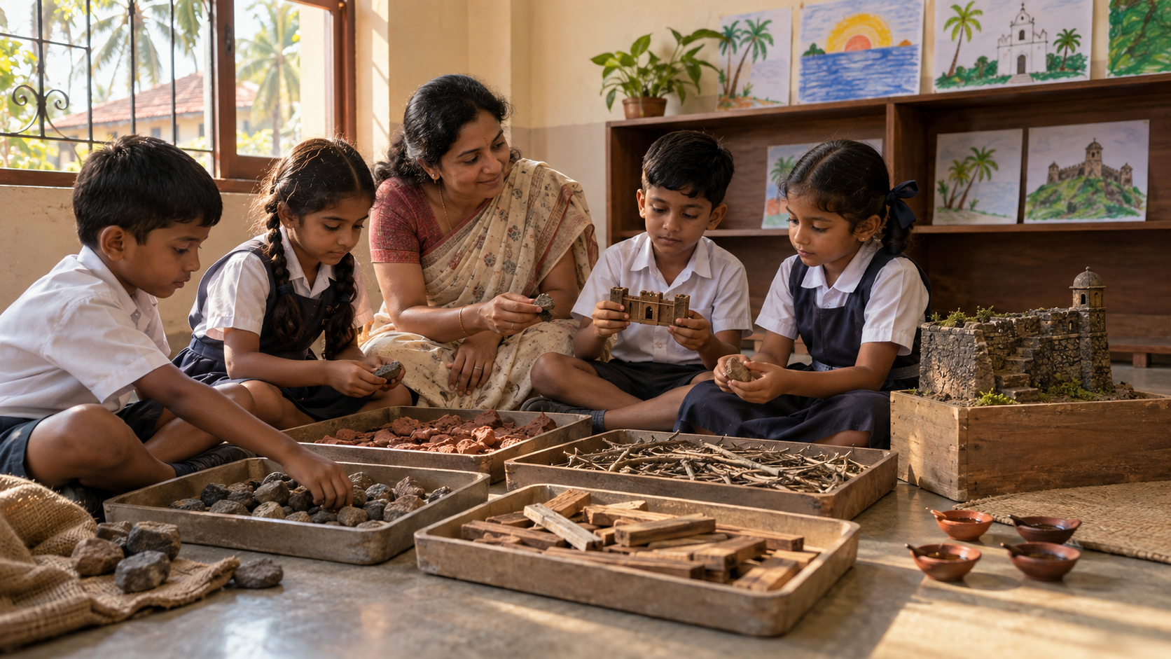 Children sort reusable materials from a dismantled Diwali fort while preserving one model section in a classroom.