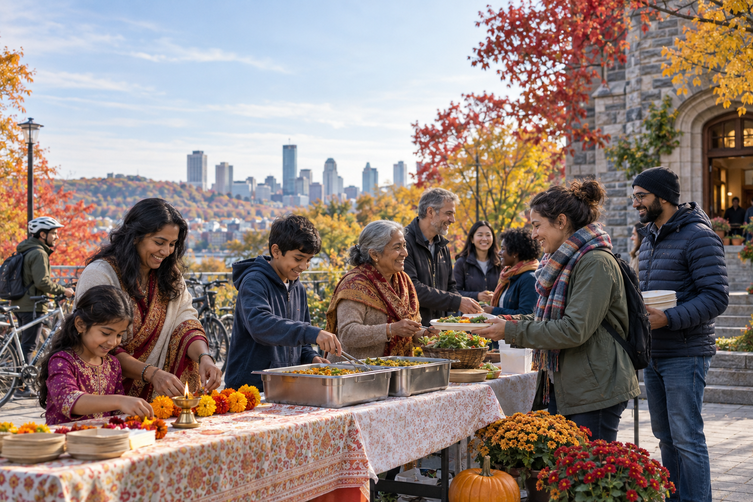 A multigenerational Hindu family and diverse neighbours prepare food and supplies for a community gathering outside a grey-stone building in Montreal.