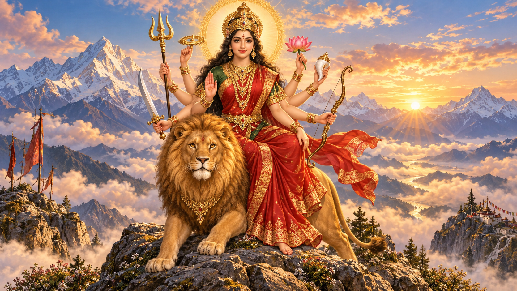 Goddess Durga sits on a golden lion above the Himalayan mountains, holding traditional sacred attributes as dawn light forms a halo around her.