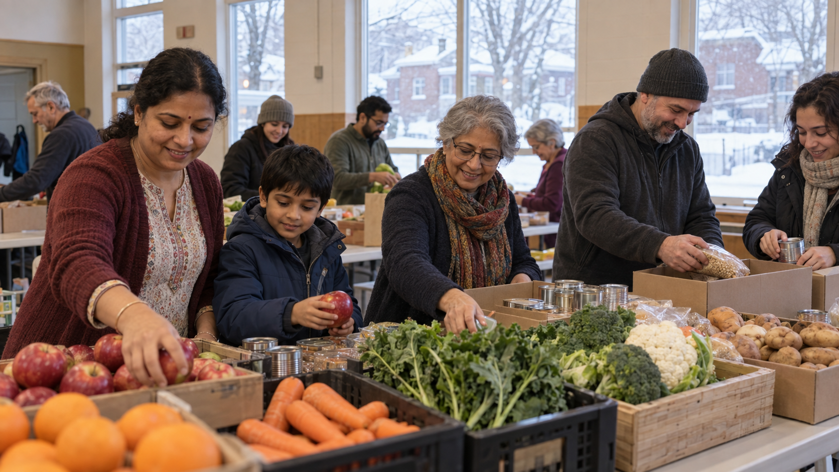 Hindu residents and neighbours sort food donations together in a Quebec community hall while snow is visible outside.