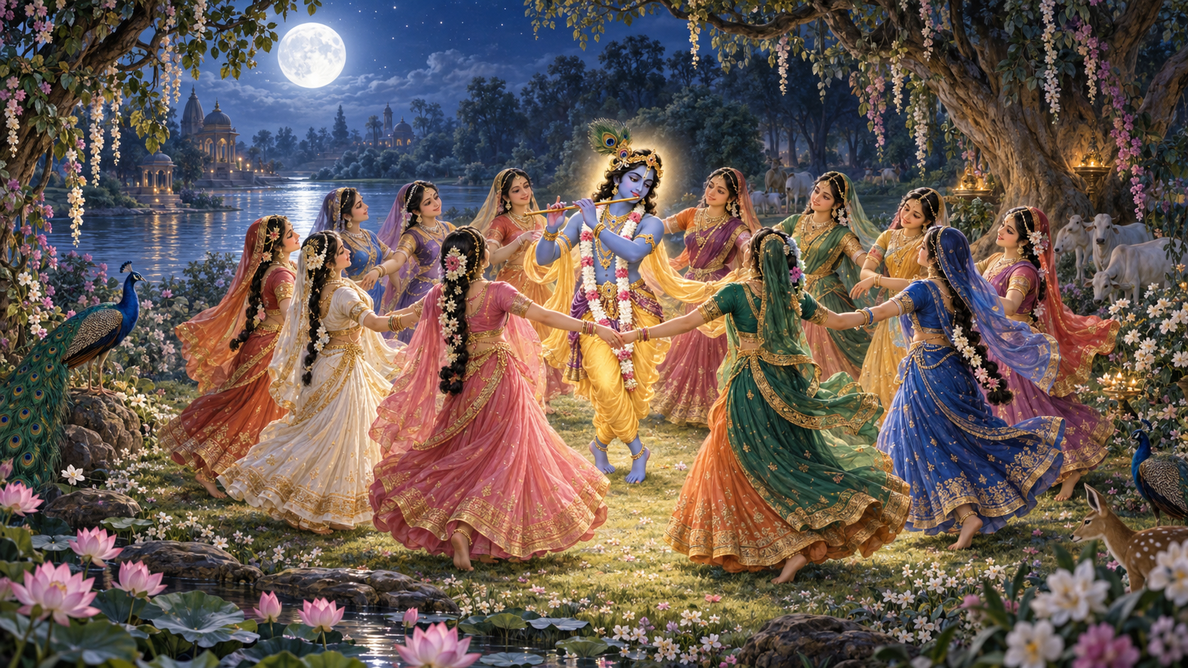 Krishna plays the flute while dancing with gopis in a circular formation beneath the full moon beside the Yamuna.