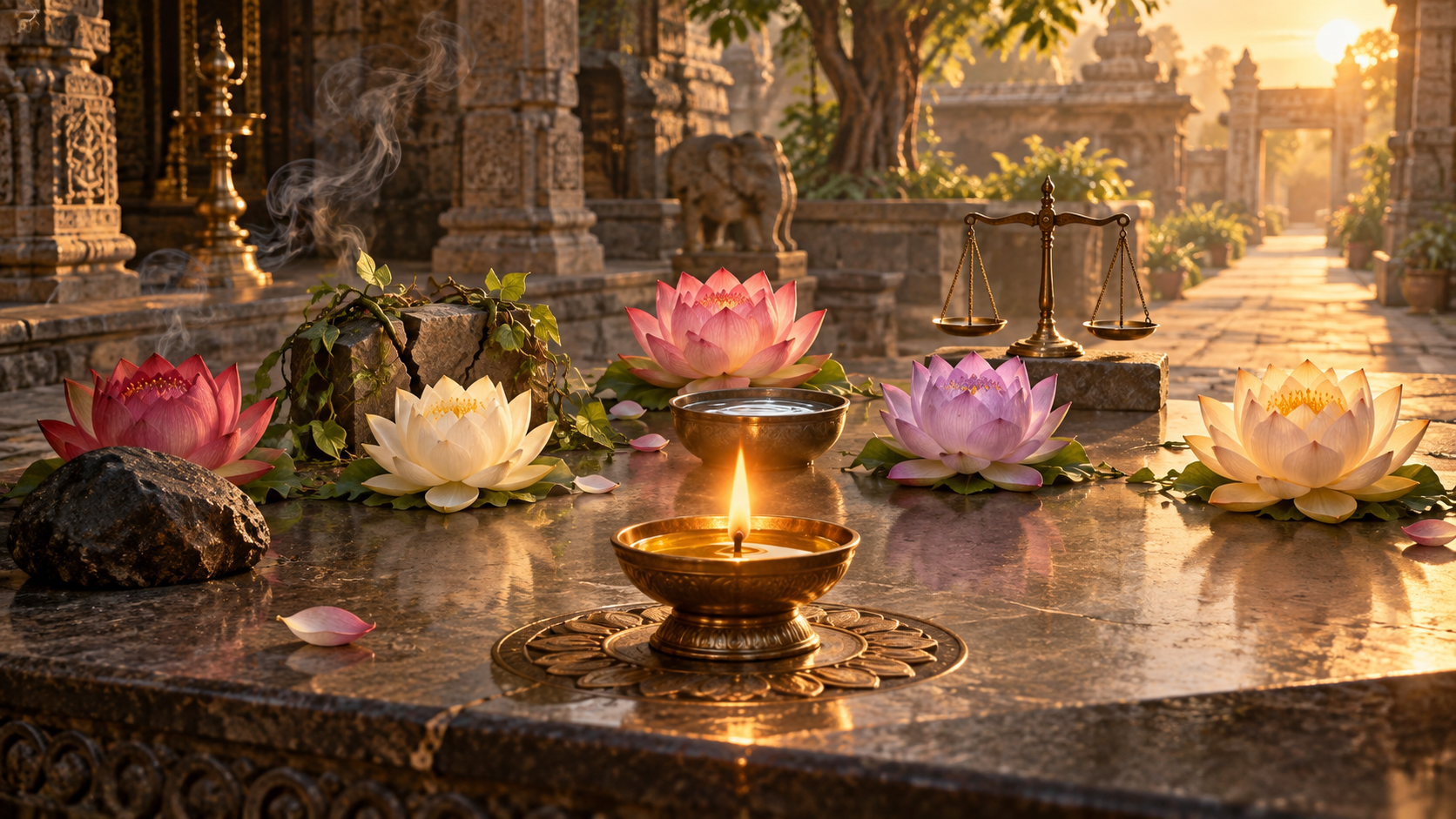 Five lotus blossoms surround a glowing oil lamp beside symbolic objects including a stone, parted vine, water bowl, scales, and open path.