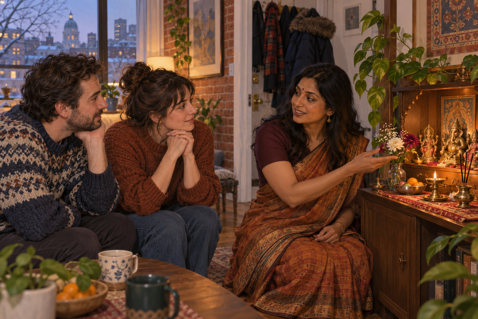 A Hindu woman explains a small flower-decorated home shrine to two attentive neighbours in a Montreal apartment.