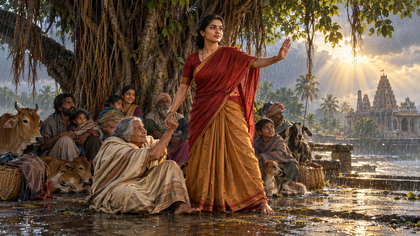 A woman helps an elderly person while calmly sheltering families and animals beneath a banyan tree during a passing storm.