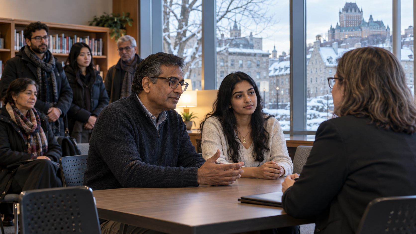 A Hindu father and adult daughter have a calm conversation with a civic staff member in a Quebec public library meeting room.