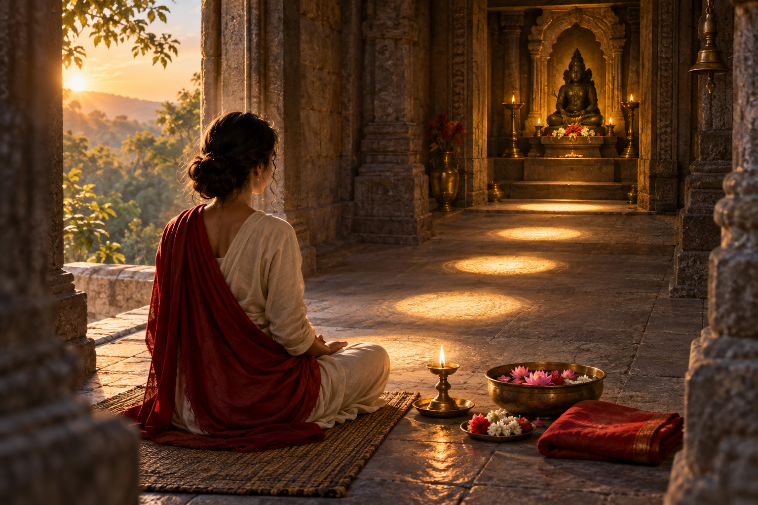 A seated practitioner meditates before an oil lamp as five pools of warm light lead across a quiet stone shrine.
